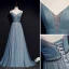 Elegant Blå Selskapskjoler 2019 Prinsesse Spaghettistropper Beading Sash Uten Ermer Ryggløse Lange Formelle Kjoler