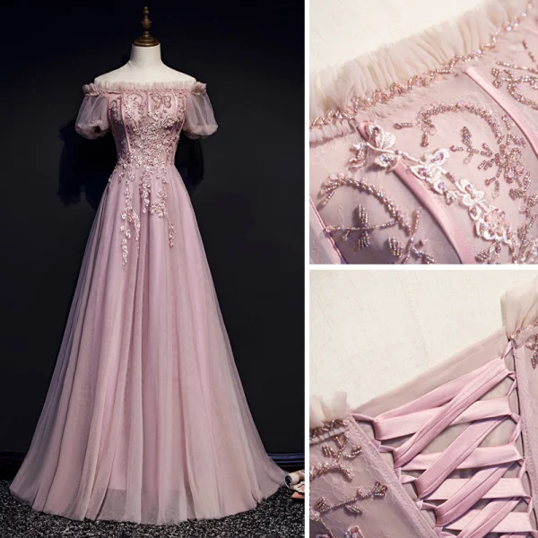 Style Victorien Rougissant Rose Robe De Soirée 2019 Princesse Volants De l'épaule Perlage En Dentelle Fleur Manches Courtes Dos Nu Longue Robe De Ceremonie