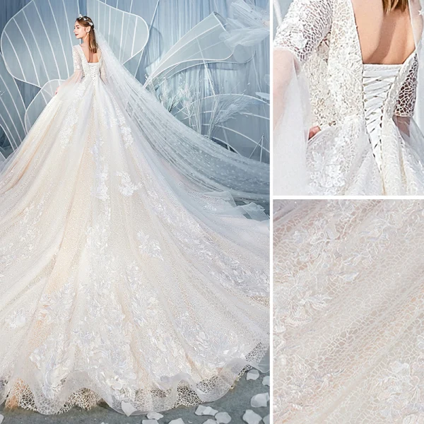 Charming Champagne Wedding Dresses 2019 A-Line / Princess V-Neck Beading Rhinestone Lace Flower Long Sleeve Backless Royal Train