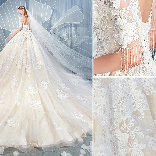 Chic / Belle Champagne Robe De Mariée 2019 Princesse Encolure Dégagée Perlage Gland Perle En Dentelle Fleur Appliques Faux Diamant 1/2 Manches Dos Nu Cathedral Train