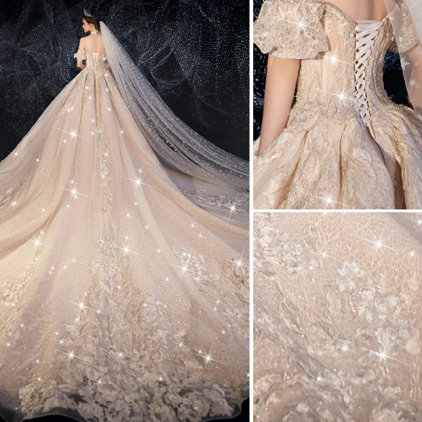 Luxury / Gorgeous Victorian Style Champagne Wedding Dresses 2019 A-Line / Princess Off-The-Shoulder Rhinestone Sequins Lace Flower Short Sleeve Backless Royal Train