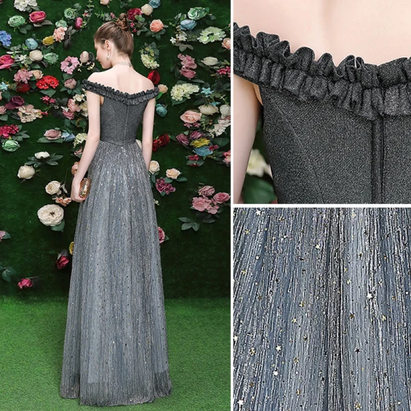 Glitzernden Grau Abendkleider 2019 A Linie Off Shoulder Pailletten Ärmellos Rückenfreies Lange Festliche Kleider