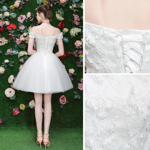 Sexy Ivoire Robe De Fete Bretelles croisées 2019 Princesse De l'épaule Paillettes En Dentelle Fleur Manches Courtes Dos Nu Courte Robe De Ceremonie