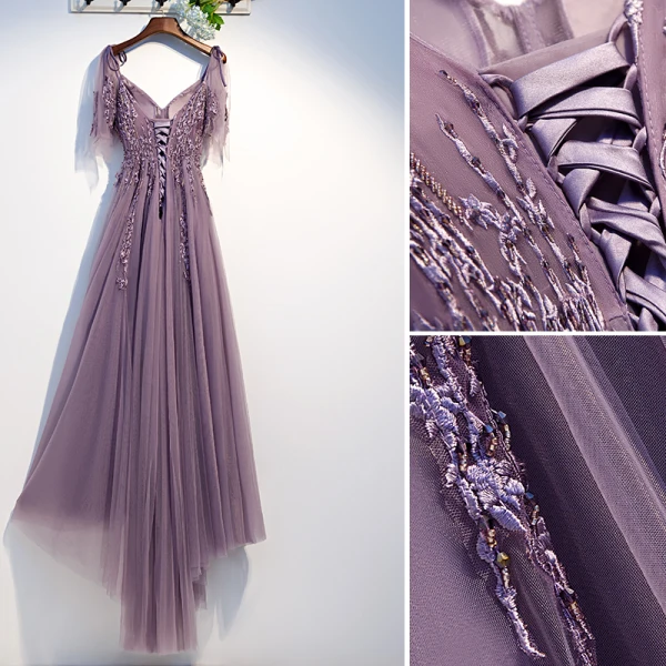 Chic / Beautiful Grape Evening Dresses  2019 A-Line / Princess Spaghetti Straps Beading Crystal Lace Flower Short Sleeve Backless Asymmetrical Formal Dresses