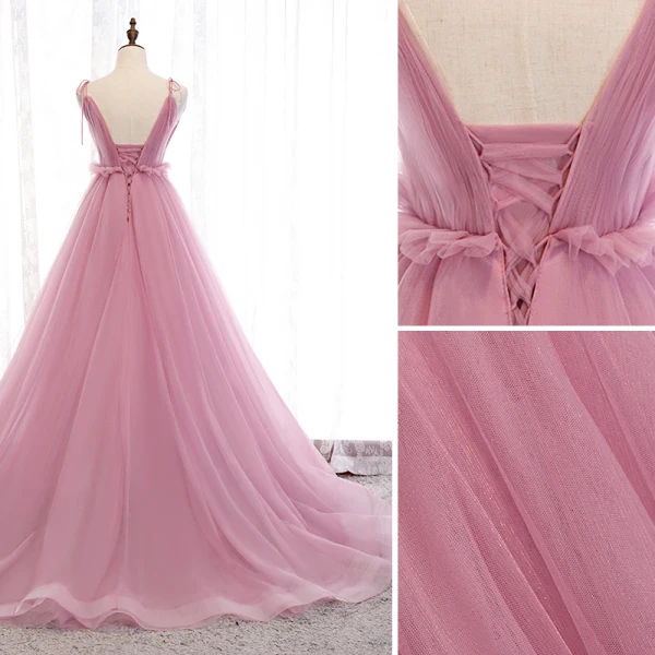 Schöne Pink Abendkleider A Linie 2019 Rüschen Spaghettiträger Schleife Ärmellos Rückenfreies Hof-Schleppe Festliche Kleider