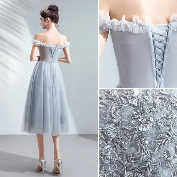 Chic / Beautiful Grey Homecoming Graduation Dresses 2019 A-Line / Princess Ruffle Off-The-Shoulder Beading Lace Flower Sequins Short Sleeve Backless Tea-length Formal Dresses