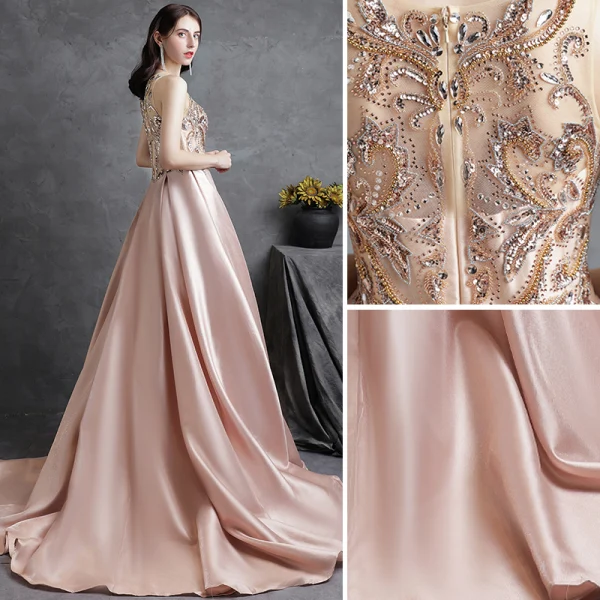 Élégant Champagne Satin Robe De Soirée 2021 Princesse Encolure Dégagée Perlage Faux Diamant Paillettes Sans Manches Train De Balayage Soirée Robe De Ceremonie
