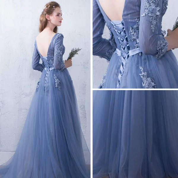 Chic / Beautiful Ocean Blue Evening Dresses 2018 A-Line / Princess Appliques V-Neck Backless 3/4 Sleeve Floor-Length / Long Formal Dresses