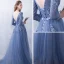 Chic / Beautiful Ocean Blue Evening Dresses  2018 A-Line / Princess Appliques V-Neck Backless 3/4 Sleeve Floor-Length / Long Formal Dresses