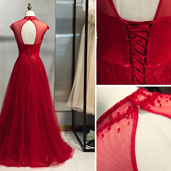 Chic / Beautiful Burgundy Evening Dresses 2019 A-Line / Princess High Neck Beading Sequins Crystal Lace Flower Sleeveless Backless Floor-Length / Long Formal Dresses