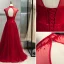 Chic / Beautiful Burgundy Evening Dresses  2019 A-Line / Princess High Neck Beading Sequins Crystal Lace Flower Sleeveless Backless Floor-Length / Long Formal Dresses