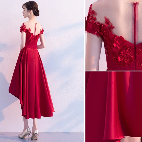 Chic Bordeaux Robe De Cocktail 2019 Princesse Encolure Dégagée En Dentelle Fleur Appliques Perle Paillettes Noeud Manches Courtes Asymétrique Robe De Ceremonie