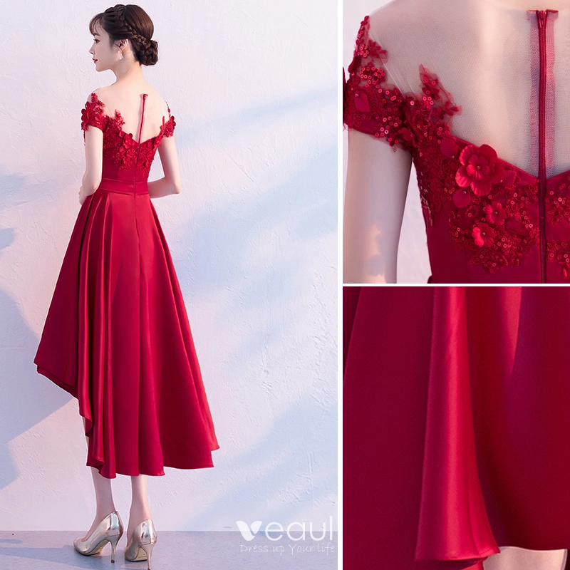Classy Burgundy Cocktail Dresses 2019 A Line Princess Scoop Neck Lace Flower Appliques Pearl Sequins Bow