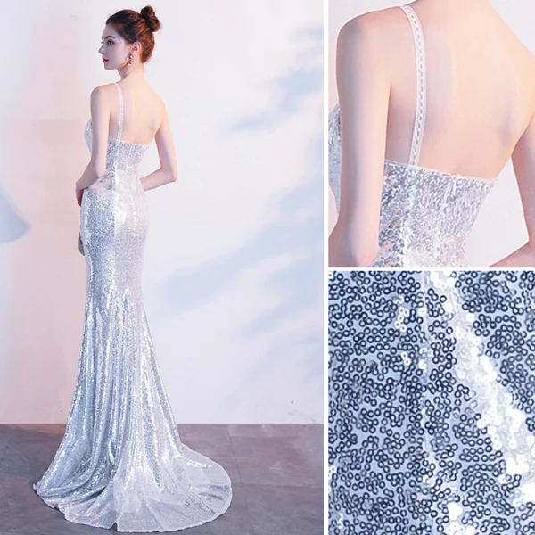 Sexy Scintillantes Argenté Robe De Soirée 2019 Trompette / Sirène Une épaule Paillettes Sans Manches Dos Nu Fendue devant Train De Balayage Robe De Ceremonie