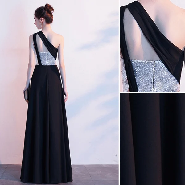 Sexy Schwarz Abendkleider 2019 A Linie One-Shoulder Pailletten Ärmellos Rückenfreies Gespaltete Front Lange Festliche Kleider