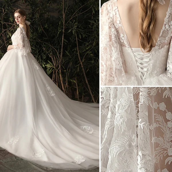 Chic / Beautiful Ivory Pregnant Wedding Dresses 2019 A-Line / Princess V-Neck Pearl Lace Flower 3/4 Sleeve Backless Chapel Train