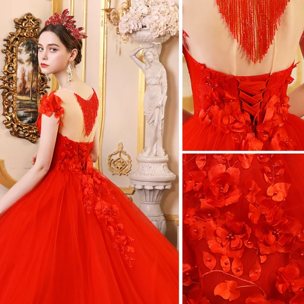 High-end Röd Bröllopsklänningar 2019 Prinsessa Urringning Beading Tassel Pärla Appliqués Ärmlös Halterneck Royal Train