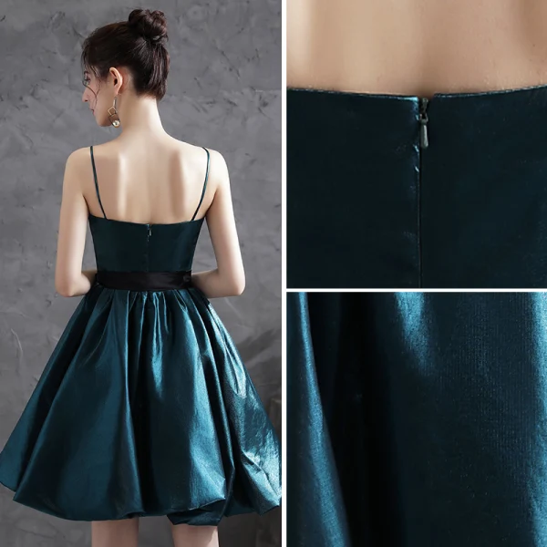 Modern / Fashion Ink Blue Party Dresses 2021 A-Line / Princess Spaghetti Straps Bow Sleeveless Short Backless Formal Dresses