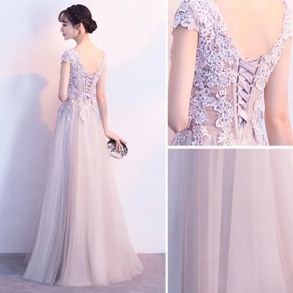 Chic / Beautiful Grey Evening Dresses 2018 A-Line / Princess Lace Appliques Rhinestone V-Neck Backless Sleeveless Floor-Length / Long Formal Dresses