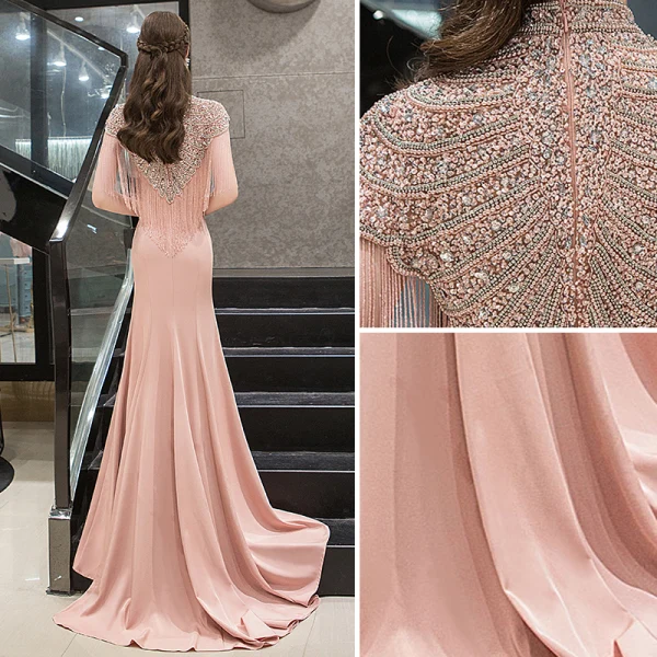 Haut de Gamme Rougissant Rose Robe De Soirée 2020 Trompette / Sirène Col Haut Perlage Gland Perle Faux Diamant Manches Courtes Train De Balayage Robe De Ceremonie