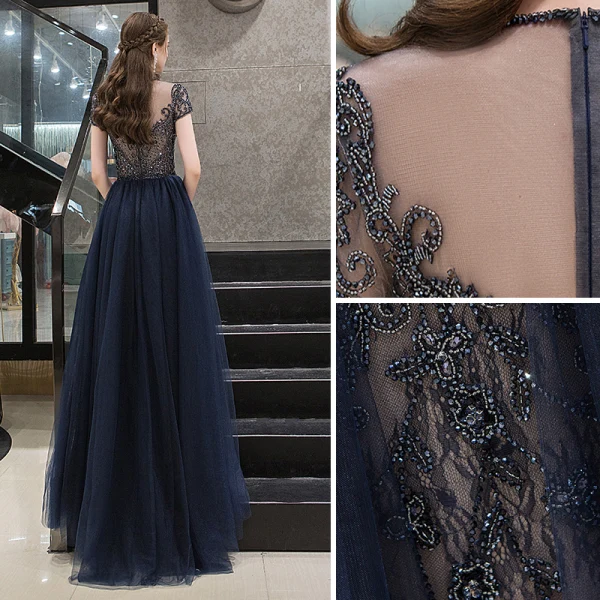 Chic / Beautiful Navy Blue Evening Dresses  2020 A-Line / Princess Scoop Neck Crystal Short Sleeve Backless Floor-Length / Long Formal Dresses