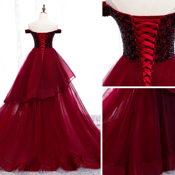 Chic / Beautiful Burgundy Evening Dresses  2019 A-Line / Princess Off-The-Shoulder Beading Crystal Sleeveless Backless Court Train Formal Dresses