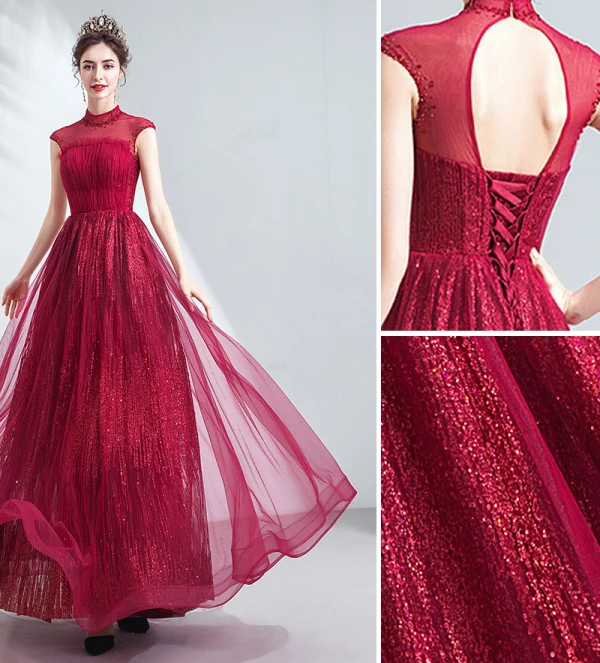 Vintage / Retro Burgundy Evening Dresses 2020 A-Line / Princess Ruffle High Neck Beading Crystal Sequins Sleeveless Backless Floor-Length / Long Formal Dresses