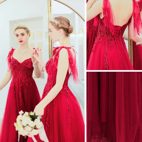 Chic / Belle Rouge Robe De Soirée 2020 Princesse Bretelles Spaghetti Perlage En Dentelle Fleur Sans Manches Dos Nu Train De Balayage Robe De Ceremonie