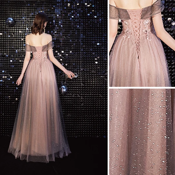 Élégant Rougissant Rose Robe De Soirée 2020 Princesse De l'épaule Perlage Paillettes En Dentelle Fleur Manches Courtes Dos Nu Longue Robe De Ceremonie