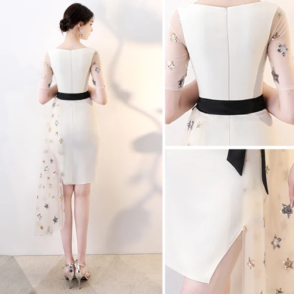 Amazing / Unique Champagne High Low Evening Dresses 2018 Sequins Star Bow Scoop Neck Short Sleeve Short Formal Dresses