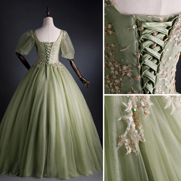 Elegant Sage Green Prom Dresses 2021 Ball Gown Square Neckline Pearl Sequins Lace Flower Short Sleeve Backless Floor-Length / Long Prom Formal Dresses