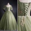 Elegant Sage Green Prom Dresses 2021 Ball Gown Square Neckline Pearl Sequins Lace Flower Short Sleeve Backless Floor-Length / Long Prom Formal Dresses