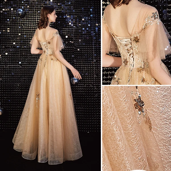 Charmant Doré Robe De Bal 2020 Princesse Encolure Dégagée En Dentelle Paillettes Étoile Faux Diamant Manches Courtes Dos Nu Longue Robe De Ceremonie