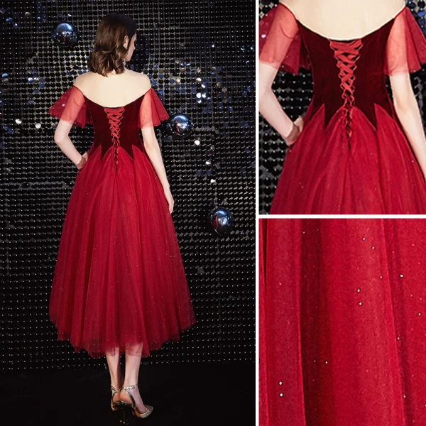 Charmant Rouge Courte Robe De Bal 2020 Princesse Col v profond Paillettes Daim Manches Courtes Thé Longueur Robe De Ceremonie