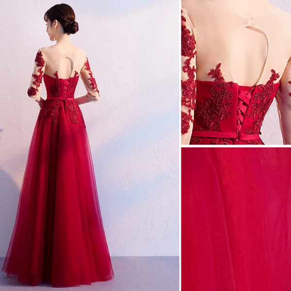 Elegant Burgundy Evening Dresses 2019 A-Line / Princess Scoop Neck Bow Lace Flower 1/2 Sleeves Backless Floor-Length / Long Formal Dresses