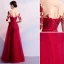 Elegant Burgundy Evening Dresses  2019 A-Line / Princess Scoop Neck Bow Lace Flower 1/2 Sleeves Backless Floor-Length / Long Formal Dresses
