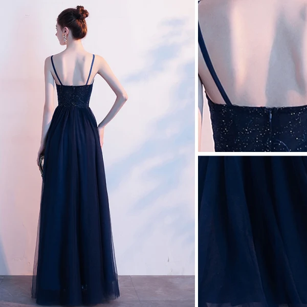 Élégant Bleu Marine Robe De Soirée 2020 Princesse Bretelles Spaghetti Faux Diamant Sans Manches Dos Nu Longue Robe De Ceremonie