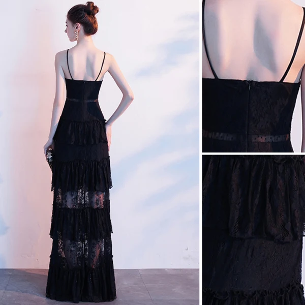 Sexy Noire Robe De Soirée 2020 Princesse Bretelles Spaghetti En Dentelle Sans Manches Dos Nu Longue Robe De Ceremonie