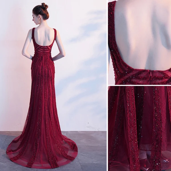 Luxury / Gorgeous Burgundy Evening Dresses 2019 Trumpet / Mermaid V-Neck Beading Crystal Sleeveless Backless Sweep Train Formal Dresses