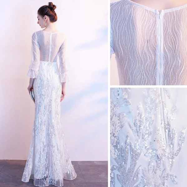 Charmant Blanche Robe De Soirée 2020 Trompette / Sirène Encolure Dégagée Paillettes 3/4 Manches Longue Robe De Ceremonie