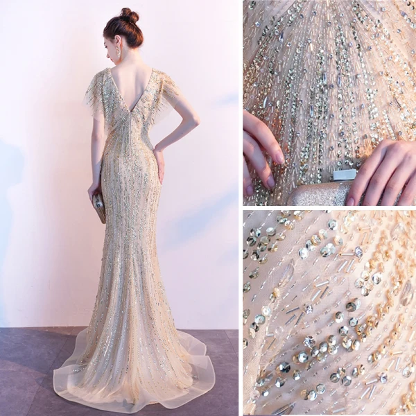 Luxe Doré Robe De Soirée 2020 Trompette / Sirène V-Cou Fait main Perlage Cristal Paillettes Manches Courtes Dos Nu Train De Balayage Robe De Ceremonie