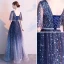 Modern / Fashion Navy Blue Starry Sky Evening Dresses  2019 A-Line / Princess V-Neck Star Sequins Short Sleeve Backless Floor-Length / Long Formal Dresses