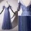 Modern / Fashion Ocean Blue Evening Dresses  2019 A-Line / Princess Scoop Neck Star Sequins Short Sleeve Backless Floor-Length / Long Formal Dresses