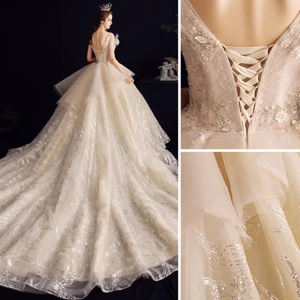 Charming Champagne Wedding Dresses 2020 Ball Gown Ruffle V-Neck Beading Pearl Lace Appliques Sequins Sleeveless Backless Royal Train