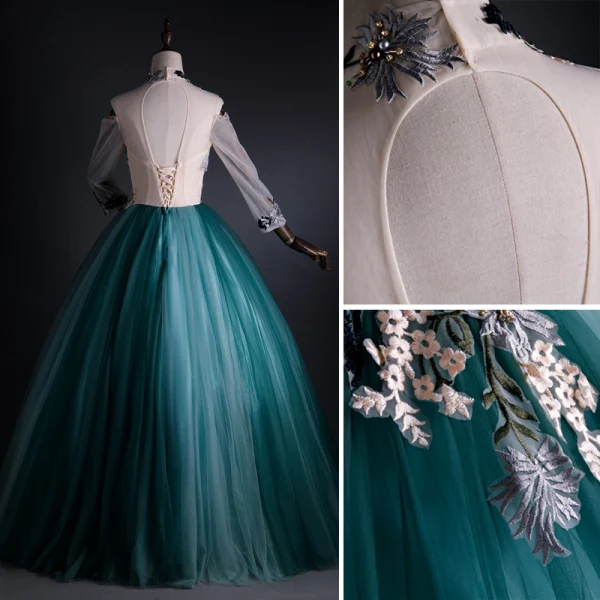 Elegant Jade Green Prom Dresses 2021 Ball Gown High Neck Pearl Rhinestone Lace Flower Beading Long Sleeve Backless Floor-Length / Long Prom Formal Dresses