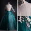 Elegant Jade Green Prom Dresses 2021 Ball Gown High Neck Pearl Rhinestone Lace Flower Beading Long Sleeve Backless Floor-Length / Long Prom Formal Dresses