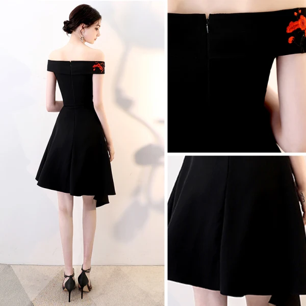Modest / Simple Black Party Dresses 2018 A-Line / Princess Embroidered Off-The-Shoulder Sleeveless Short Formal Dresses