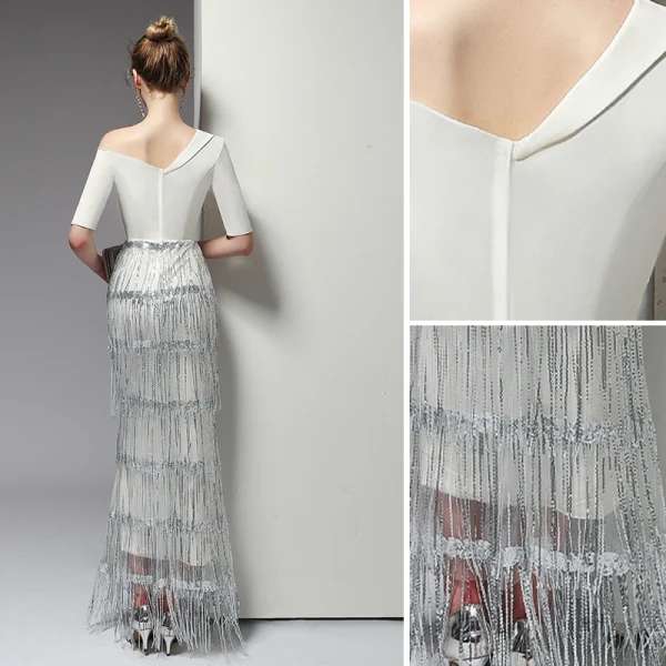 Sexy Ivory / Creme Abendkleider 2020 Meerjungfrau One-Shoulder Pailletten Perlenstickerei Quaste 1/2 Ärmel Rückenfreies Lange Festliche Kleider