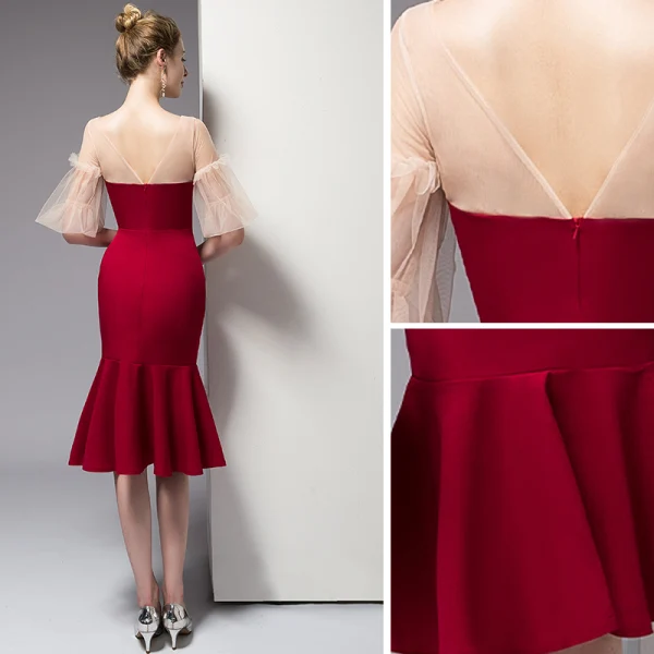 Chic / Beautiful Red Homecoming Graduation Dresses 2020 Trumpet / Mermaid Short Sleeve V-Neck Backless Knee-Length Formal Dresses