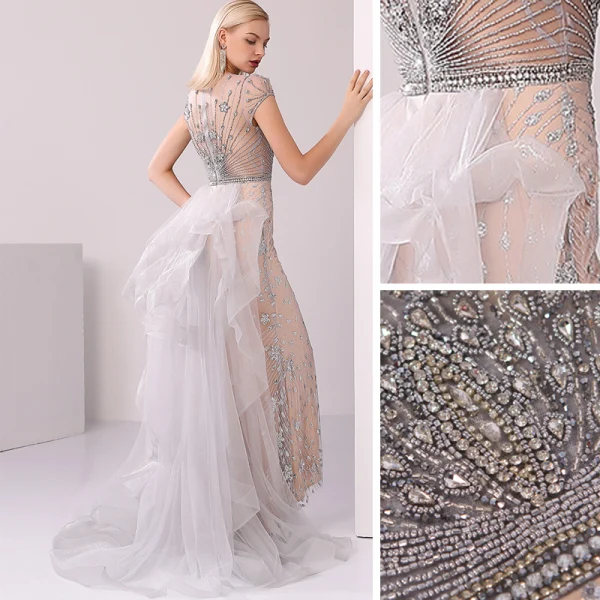 Haut de Gamme Champagne Gris Robe De Soirée 2020 Trompette / Sirène Encolure Dégagée Fait main Perlage Cristal Faux Diamant Manches Courtes Train De Balayage Robe De Ceremonie